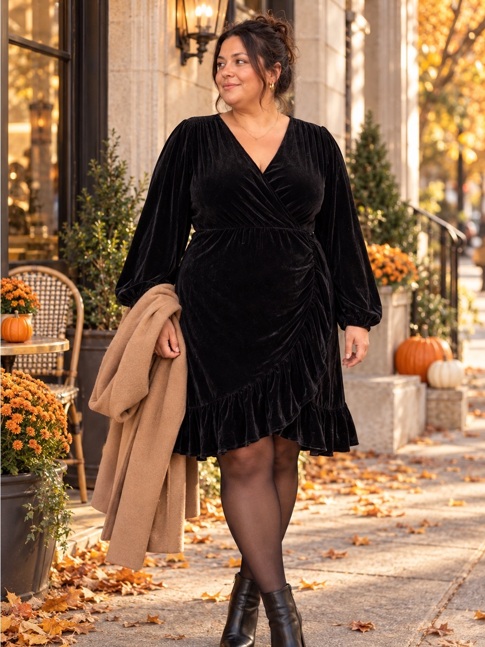 GAP Velvet Wrap Dress XXL Black Long Sleeve Ruffle Hem Waist Tie Plus Size